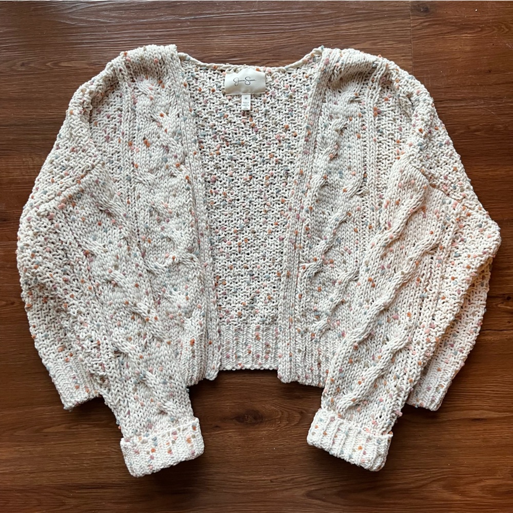 Jessica Simpson Rainbow Confetti Chunky Knit Crop Cardigan Sweater Ivory